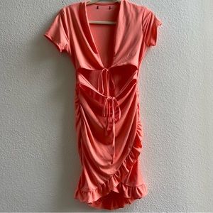 Coral mini dress with tie top and gathered skirt design Size M